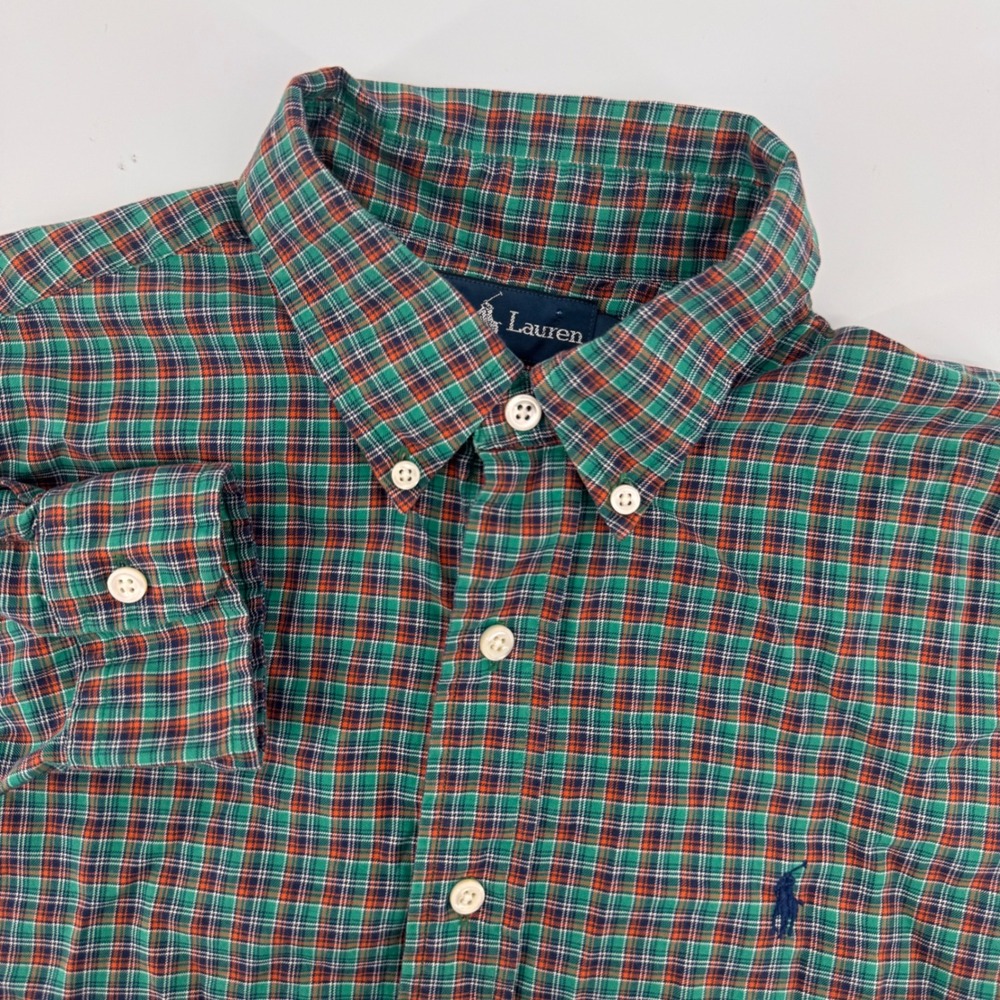 Ralph Lauren Button Down Mens Medium Green Plaid Custom Fit Cotton Long Sleeve